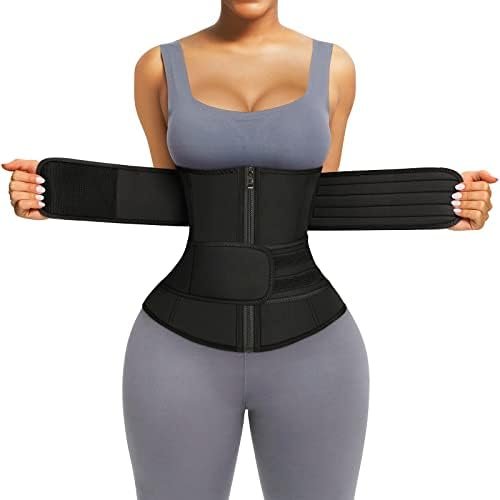 FeelinGirl Waist Trainer for Women Long Torso Sauna Workout Double Belt With Zipper 7 Steel Bones