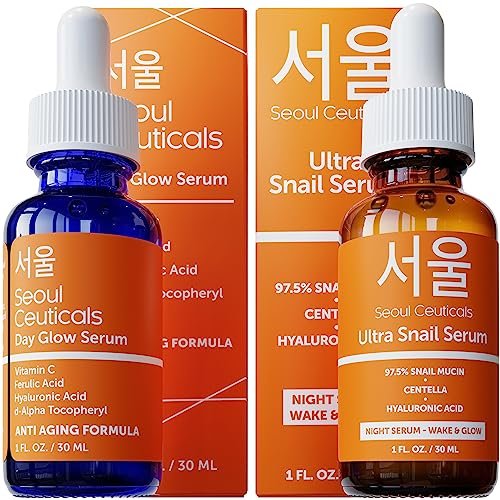 SeoulCeuticals Korean Skin Care Day & Night Serum Set – Potent Vitamin C Day Serum + Korean Snail Night Serum With Hyaluronic Acid + Centella + CE Ferulic for K Beauty Glow