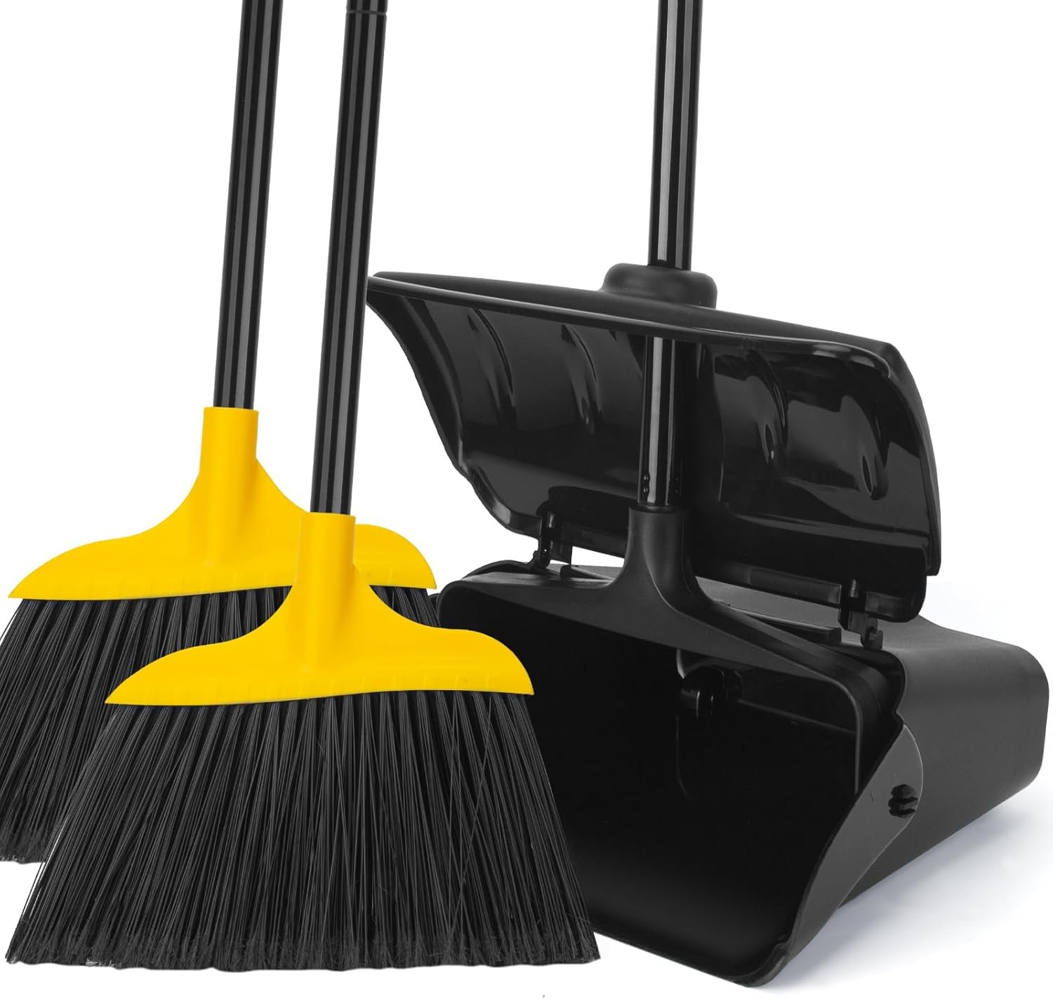 Indoor/Outdoor Heavy Duty Broom and Dustpan Set,Upright Plastic Commercial Dust Pan with 2 Brooms Perfect for Sweeping Courtyard Garage Lobby Kitchen Office Mall Market Shop Floor