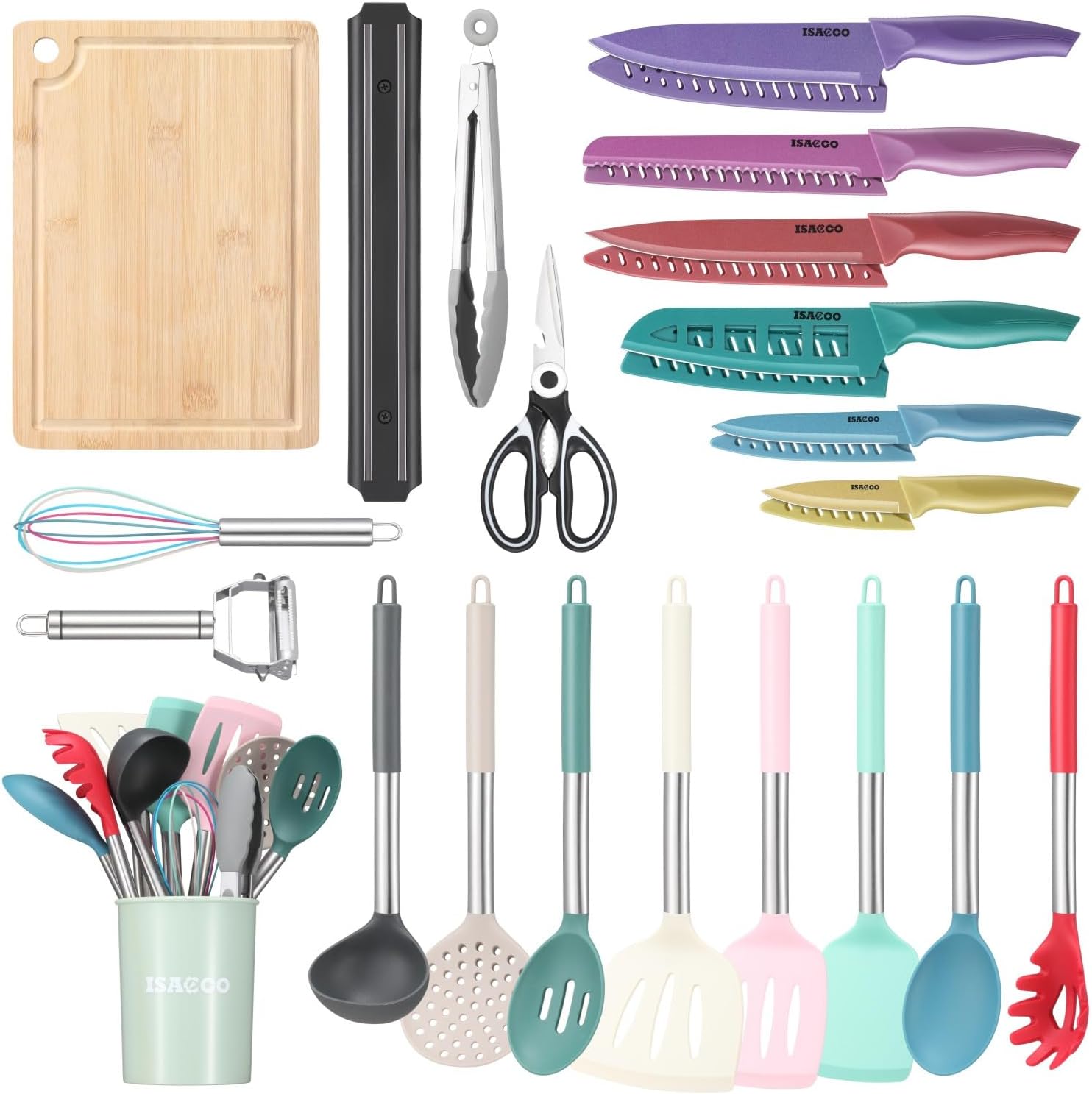 ISACCO Kitchen Utensils Set,29-in-1 Kitchen Set with 10 Pcs Cooking Utensils Set+6 Pcs Knife Set with 6 Pcs Blade Guards+4 Pcs Kitchen Tool Set+1 Pc Magnetic Strip with 2 Pcs Wall Stickers…