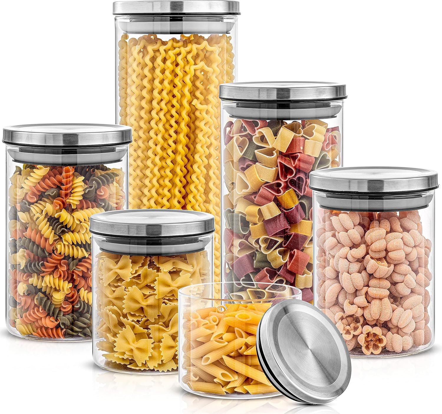 JoyJolt Kitchen Canister Set. 6 Glass Jars with Lids (Stainless Steel) Lids. Airtight Food Storage Containers for Pantry or Counter. Versatile Pantry Organization, Sugar Container or Cereal Canisters