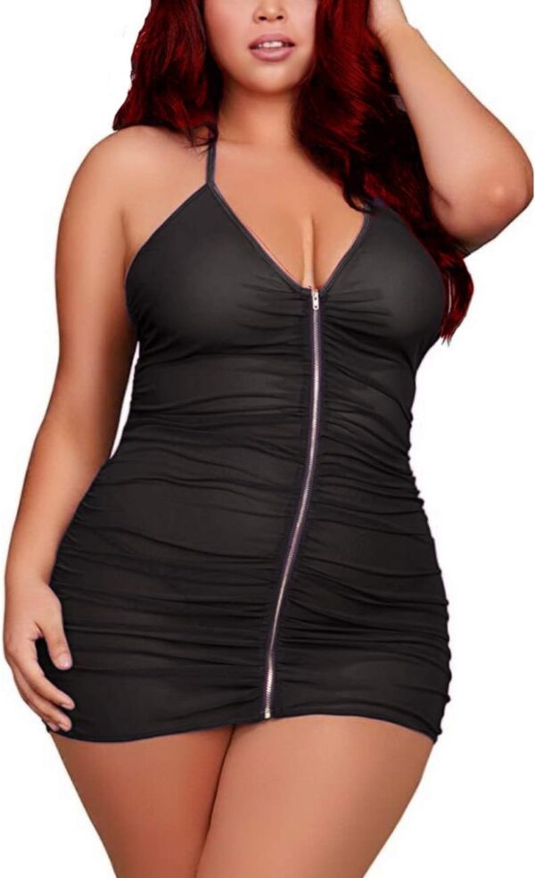 Plus Size Sheer Stretch Mesh Babydoll Dress Zipper Shirring Halter Chemise Curvy Sexy Lingerie for Women - Image 2