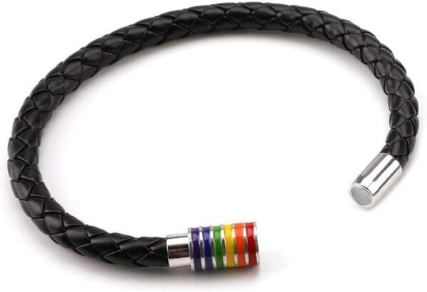 PHOGARY Gay Pride Bracelet LGBT Rainbow Bracelet (2 Packs), Couple Black Leather Bracelet Men’s Women’s Bangle with Rainbow Striped Stainless steel Magnetic Clasp 22cm - Image 3