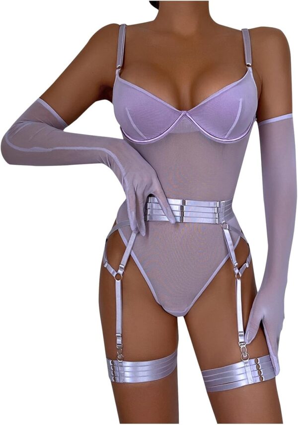 Women's Sexy Bodysuit Sheer Mesh Garter Belt Set Lingerie Set for Sex Naughty Intimate Romantic 3 Pieces Lingerie with Gloves - Image 2