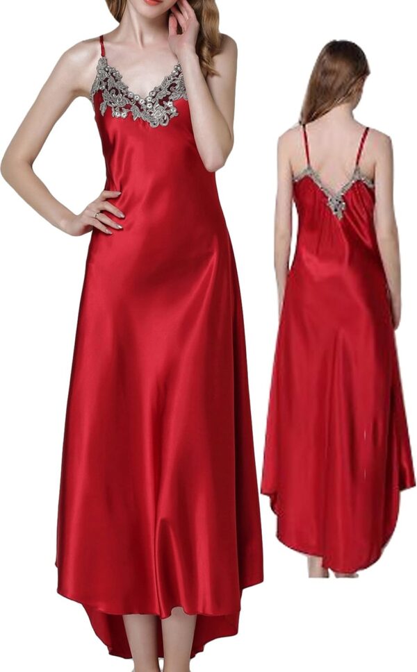 ASHER FASHION Satin Nightgowns for Women Long Silk Nightdress Vintage Lace Chemise Maxi Sleepwear - Image 3