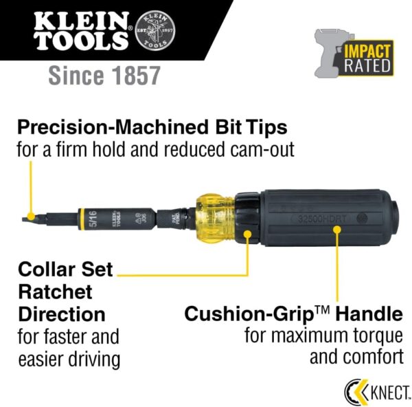 Klein Tools 32500HDRT KNECT Ratcheting Screwdriver, Multi-Bit Screwdriver/Nut Driver, Impact Rated 11-in-1 Tool with Phillips, Slotted, Square and Torx Tips - Image 3