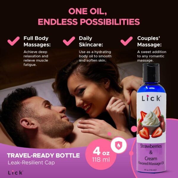 Lick Strawberries and Cream Flavored Massage Oil – Romantic, Body Safe, Non-Greasy Formula, Date Night 4 oz - Image 8