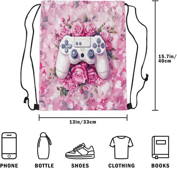 Erosebridal Game Drawstring Backpack 13x15.7 for Gym,Romantic Pink Rose Drawstring Bags,White Game Controller String Backpack,Garden Flower Gamepad Draw String Back Bag - Image 6