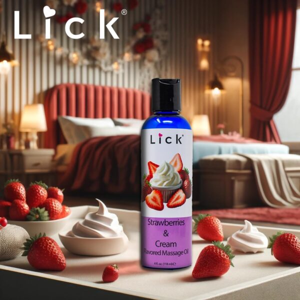 Lick Strawberries and Cream Flavored Massage Oil – Romantic, Body Safe, Non-Greasy Formula, Date Night 4 oz - Image 4