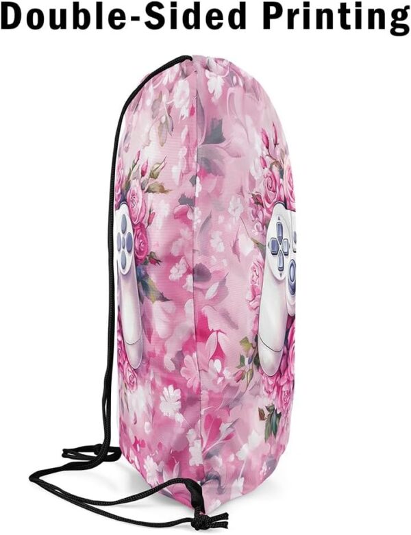 Erosebridal Game Drawstring Backpack 13x15.7 for Gym,Romantic Pink Rose Drawstring Bags,White Game Controller String Backpack,Garden Flower Gamepad Draw String Back Bag - Image 5