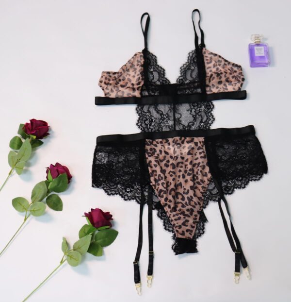 Plus Size Lingerie for Women Sexy Lingerie Leopard Mesh One-Piece Teddy Black Bodysuit with Garter Belts - Image 5