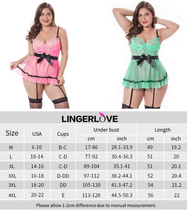 LINGERLOVE Sexy Lingerie for Women Plus Size Lace Babydoll with Underwire Push up Cups - Image 3