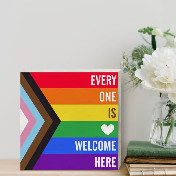 Rainbow Everyone is Welcome Here Wooden Box Sign Desk Decor LGBTQ Gay Pride Flag Wood Block Plaque Box Signs Gift for Home School Shelf Table Decoration (5 X 5 Inch) - Image 5