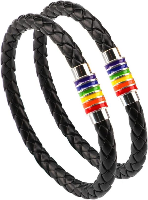 PHOGARY Gay Pride Bracelet LGBT Rainbow Bracelet (2 Packs), Couple Black Leather Bracelet Men’s Women’s Bangle with Rainbow Striped Stainless steel Magnetic Clasp 22cm - Image 2