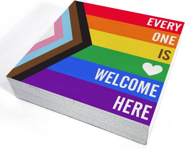 Rainbow Everyone is Welcome Here Wooden Box Sign Desk Decor LGBTQ Gay Pride Flag Wood Block Plaque Box Signs Gift for Home School Shelf Table Decoration (5 X 5 Inch) - Image 4