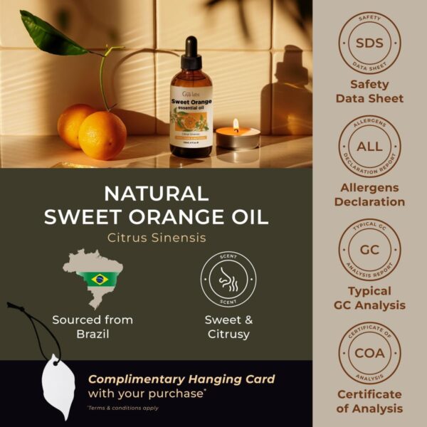 Gya Labs Sweet Orange Essential Oil for Diffuser & Skin - Huge 4 Fl Oz - 100% Pure Natural Orange Oil for Massage, Scented Air Freshener, Car Freshener Tablets - Sweet Orange Oils with Scented Card - Image 7