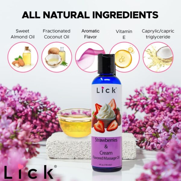 Lick Strawberries and Cream Flavored Massage Oil – Romantic, Body Safe, Non-Greasy Formula, Date Night 4 oz - Image 6