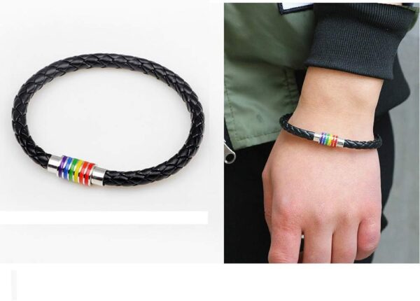 PHOGARY Gay Pride Bracelet LGBT Rainbow Bracelet (2 Packs), Couple Black Leather Bracelet Men’s Women’s Bangle with Rainbow Striped Stainless steel Magnetic Clasp 22cm - Image 5