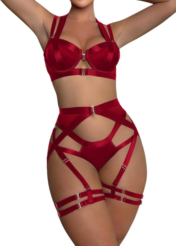 Lilosy Sexy Strappy Underwire Push Up Garter Belt Women Lingerie Set Harness Cutout Bra Panty 3 Piece - Image 5