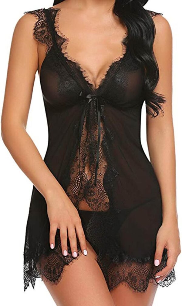 Women Lingerie Lace Chemise Sleepwear Babydoll V Neck Mesh See Through Nightgowns Strappy Backless Nightwear Dress - Image 2