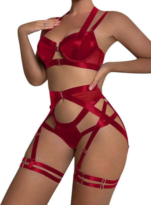 Lilosy Sexy Strappy Underwire Push Up Garter Belt Women Lingerie Set Harness Cutout Bra Panty 3 Piece - Image 4