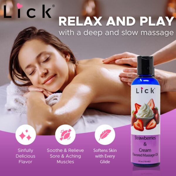 Lick Strawberries and Cream Flavored Massage Oil – Romantic, Body Safe, Non-Greasy Formula, Date Night 4 oz - Image 3