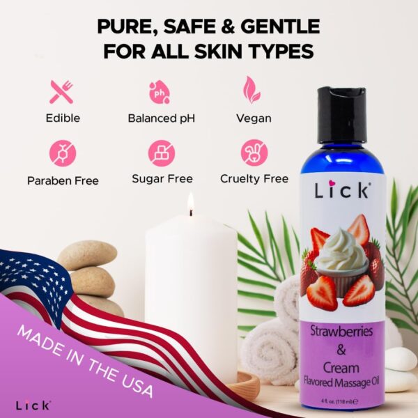 Lick Strawberries and Cream Flavored Massage Oil – Romantic, Body Safe, Non-Greasy Formula, Date Night 4 oz - Image 7