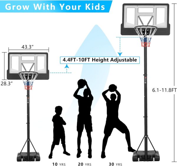 Runnix Portable Basketball Hoop 4.8-6.9FT/4.4-10FT Height Adjustable wit Basketball Goal System PET Impact Backboard and Portable Wheels for Kids and Adults Indoor Outdoor Play - Image 3