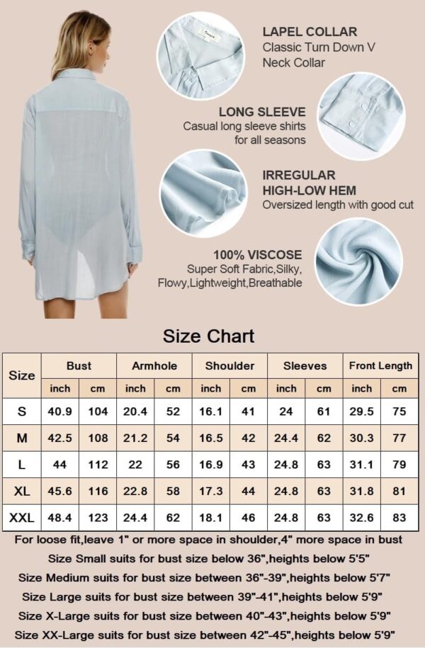 TOUSYEA Sleep Shirts for Women Button Down Shirts Long Sleeve Sleepwear Swimsuit Cover Ups Soft Pajama Tops - Image 7