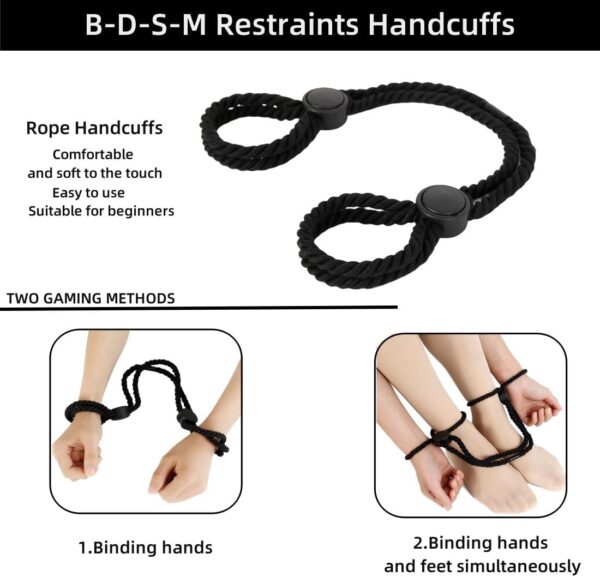 Rope Handcuffs Bracelets 2 Pcs Sex Restraints Ankle Cuffs BDSM Bondage Adjustable Handcuffs Anklets Sex Toys Cotton Ropes Wrist Cuffs Beginner Fetish Adult SM Game for Women (Black) - Image 5