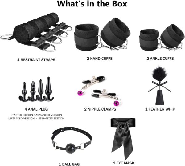 Bondage Couples Sex Toys BDSM Kit,17 Pcs Bondage Gear & Accessories with Sex Straps & Bondage Cuffs & Anal Plug & Nipple Clamps & Feather & Sex Whip & Sex Blindfold,Sex Accessories for Adults Couples - Image 4