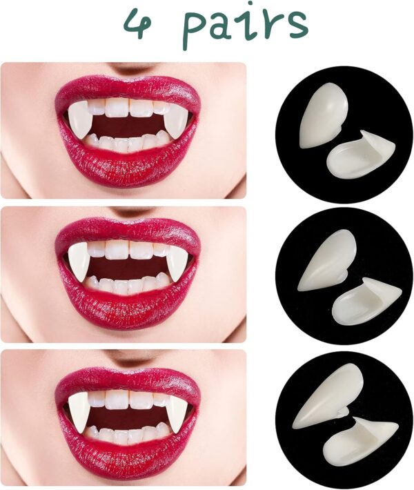 Zhanmai 4 Pairs Vampire Fangs Fake with Adhesive Halloween Cosplay Props White Horror False Teeth Party Favors Accessories - Image 4