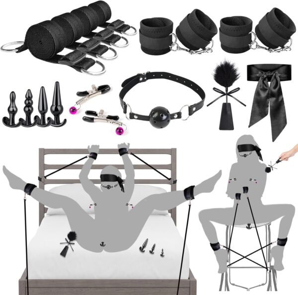 Bondage Couples Sex Toys BDSM Kit,17 Pcs Bondage Gear & Accessories with Sex Straps & Bondage Cuffs & Anal Plug & Nipple Clamps & Feather & Sex Whip & Sex Blindfold,Sex Accessories for Adults Couples - Image 2