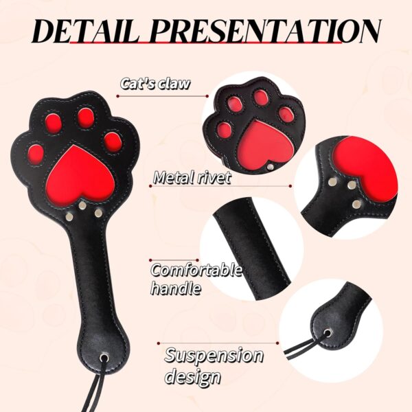 Sexual Abuse Hand Slap with Heart Shaped Cat Claw, Black Leather Spanking Paddle for Couples to Enhance Feelings SM Conditioning Stimulation Games - Image 2