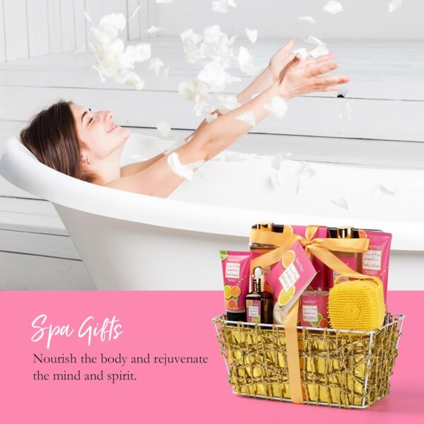 Bath & Body Gift Set, Luxury Home Spa Bath Gift Basket Citrus & Pink Grapefruit Spa Kit Gift Woman, 11 Pcs Self Care Kit Gifts With Bubble Bath, Massage Oil, Bath Brush, Birthday Gifts for Women - Image 6