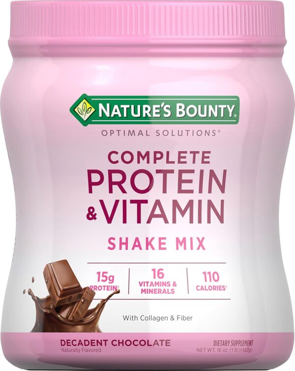 Nature's Bounty Complete Protein & Vitamin Shake Mix with Collagen & Fiber, Contains Vitamin C for Immune Health, Decadent Chocolate Flavored, 1 lb - Image 2