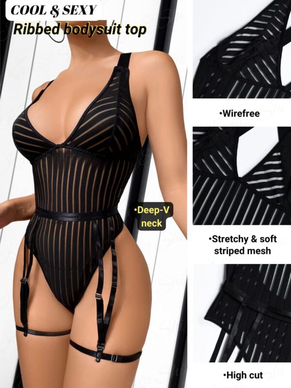 Kaei&Shi Sexy Ribbed Top,Plunge V, Snap Crotch, Leg Strap, Backless 3Pc Bodysuit - Image 3