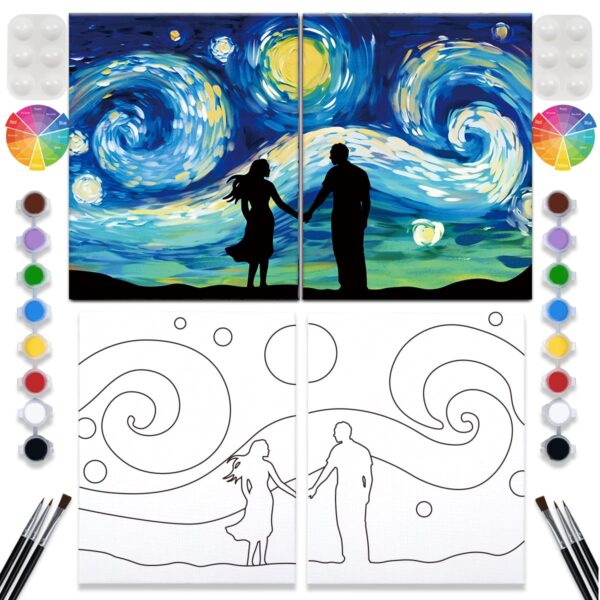 2 Pack Paint and Sip Canvas Painting Kit Pre Drawn Canvas for Painting for adults Stretched Canvas Couples Games Date Night Romantic Starry Night Anniversary Gifts Couple Paint Party 8X10 - Image 2