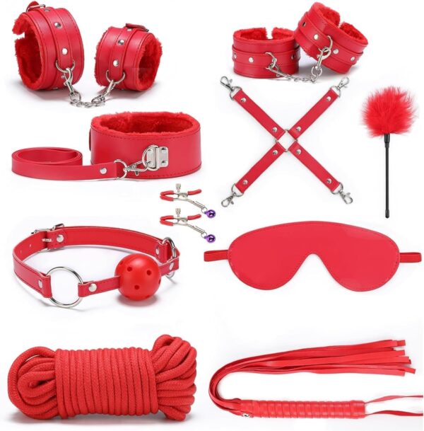 Bed Restraint for Queen Size Bed Straps for Adult Play BDSM Game Leather Bondaged Collars with Chain and Fuzzy Handcuffs Sex Accessories for Adults Couples Bedroom Toys Sweatshirt,Red-10 - Image 2