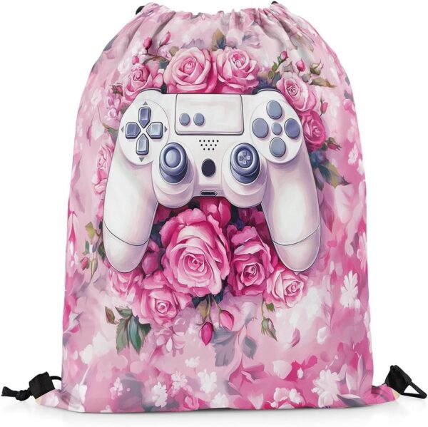 Erosebridal Game Drawstring Backpack 13x15.7 for Gym,Romantic Pink Rose Drawstring Bags,White Game Controller String Backpack,Garden Flower Gamepad Draw String Back Bag - Image 3