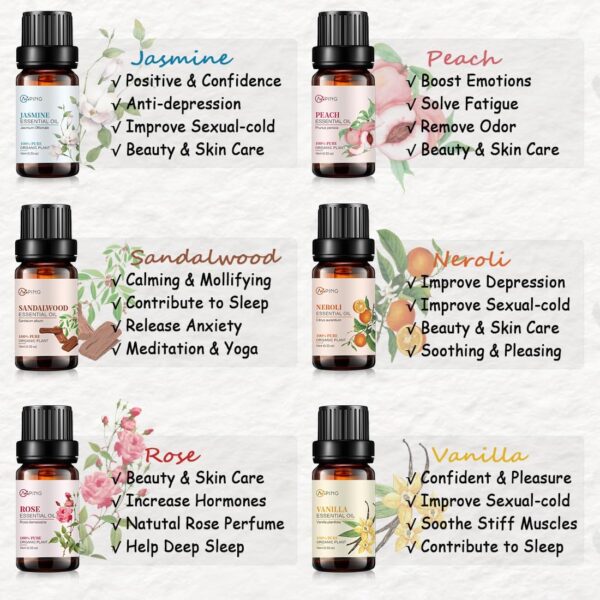 Essential Oil Set 6x10ML - 100% Pure Organic Plant Oil for Diffuser Massage Aroma Spa Yoga Perfume - Rose, Jasmine, Sandalwood, Vanilla, Neroli, Peach - Image 3