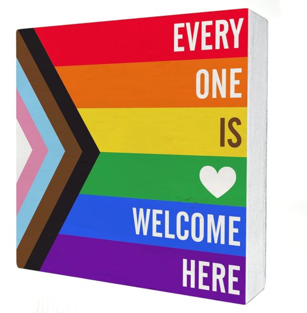 Rainbow Everyone is Welcome Here Wooden Box Sign Desk Decor LGBTQ Gay Pride Flag Wood Block Plaque Box Signs Gift for Home School Shelf Table Decoration (5 X 5 Inch) - Image 2