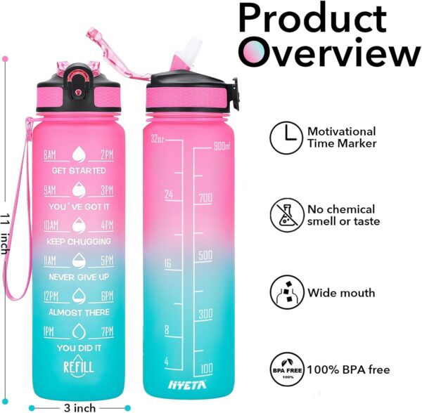 Hyeta 32 oz Water Bottles with Times to Drink and Straw, Motivational Water Bottle with Time Marker, Leakproof, Drinking Sports Water Bottle for Fitness, Gym and Outdoor - Image 3