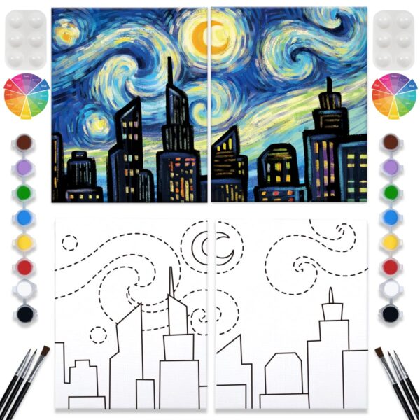 2 Pack Paint and Sip Canvas Painting Kit Pre Drawn Canvas for Painting for adults Stretched Canvas Couples Games Date Night Romantic City Anniversary Gifts Couple Paint Party Supplies 8X10 - Image 2