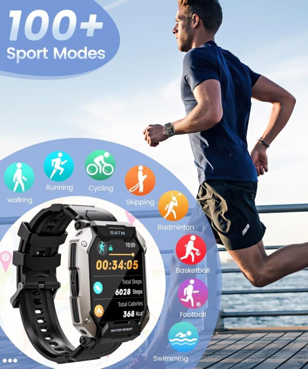 Smart Watches for Men - 2.01'' HD Display, 80 Days Long Battery, IP68 Waterproof, Bluetooth Call, 100 Sport Modes Fitness Tracker Watch, Heart Rate/Blood Oxygen/Sleep Monitor Smart Watch for Android - Image 6