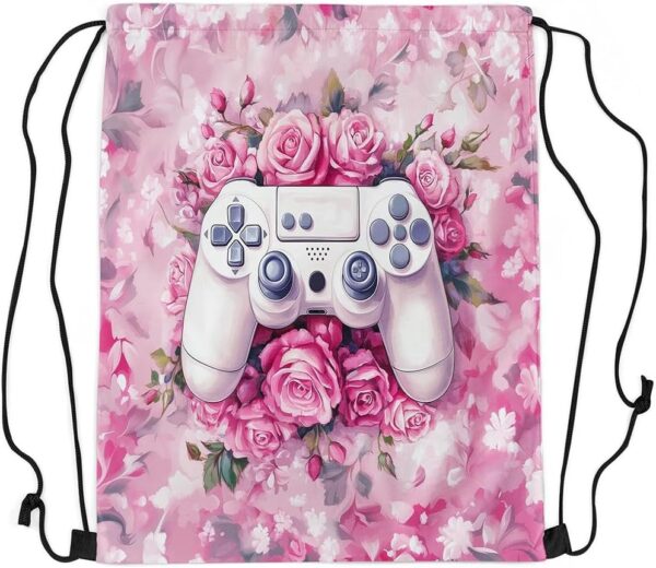 Erosebridal Game Drawstring Backpack 13x15.7 for Gym,Romantic Pink Rose Drawstring Bags,White Game Controller String Backpack,Garden Flower Gamepad Draw String Back Bag - Image 2