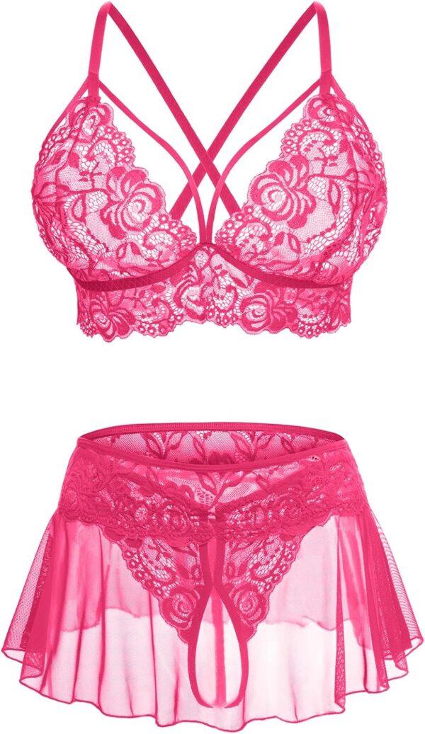 Sexy Lingerie for Women Naughty 3 Piece Lace Bralette, Mini Skirt with G-String Crotchless Lingerie Outfits - Image 2