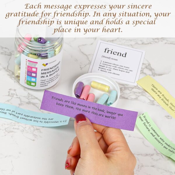 Friendship Messages in a Bottle（5oz）,Friendship Gifts for Your Bestfriend,Women,BFF, Sister, 50PCS Pre-Written Capsule Letters Gifts for Valentine’s Day,Birthday,Thanksgiving, Chrismas Day. - Image 4