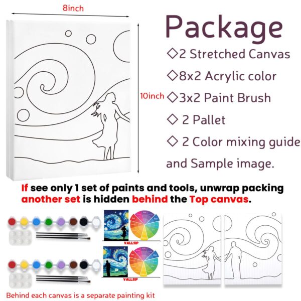 2 Pack Paint and Sip Canvas Painting Kit Pre Drawn Canvas for Painting for adults Stretched Canvas Couples Games Date Night Romantic Starry Night Anniversary Gifts Couple Paint Party 8X10 - Image 6