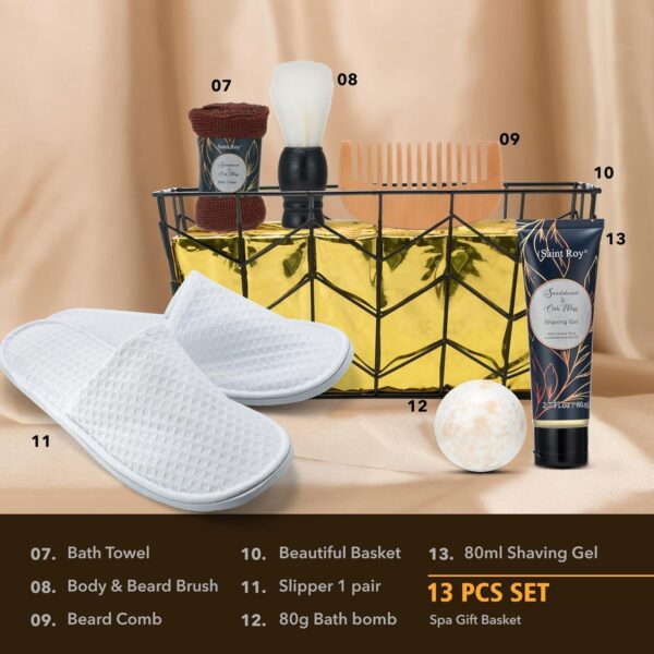 Spa Gift Basket for Men, Body Wash Men, 13pcs Sandalwood & Oak Moss Bath and Beard Kit for Men with Shower Gel, Body Lotion, Bubble Bath, Beard Brush, Bread Comb Spa Kits for Man dad Fathers Day - Image 5